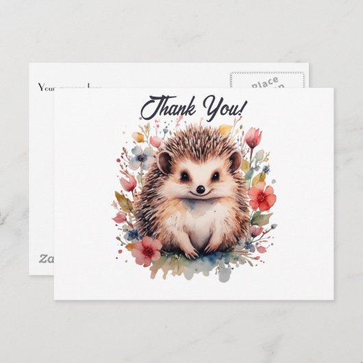 かわいい水彩の花に囲まれたハリネズミのThank Youカード ポストカード (正面/裏面)