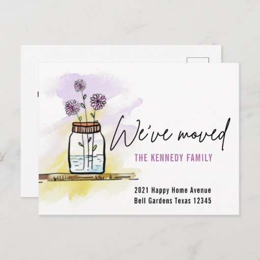  かわいい水彩の花引っ越しました新住所 案内ポストカード (正面/裏面)
