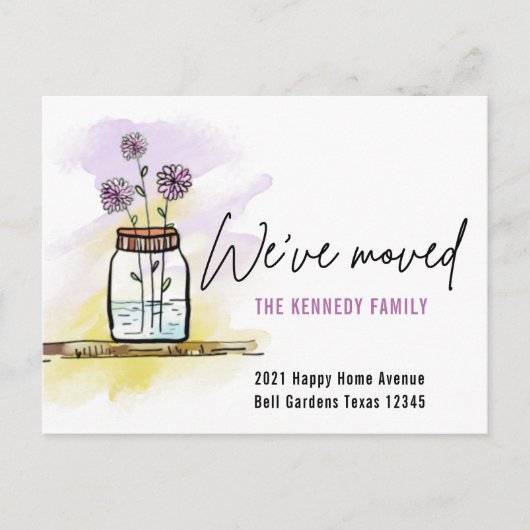 かわいい水彩の花引っ越しました新住所 案内ポストカード (正面)