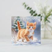 かわいい水彩の茶トラの子猫 雪 クリスマス (スタンド正面)