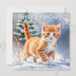 かわいい水彩の茶トラの子猫 雪 クリスマス