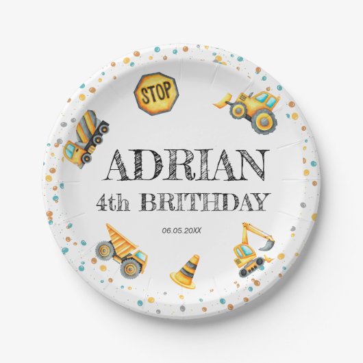 かわいい水彩の誕生日建築車 ペーパープレート (正面)