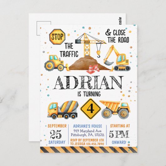 かわいい水彩の誕生日建築車 ポストカード (正面/裏面)