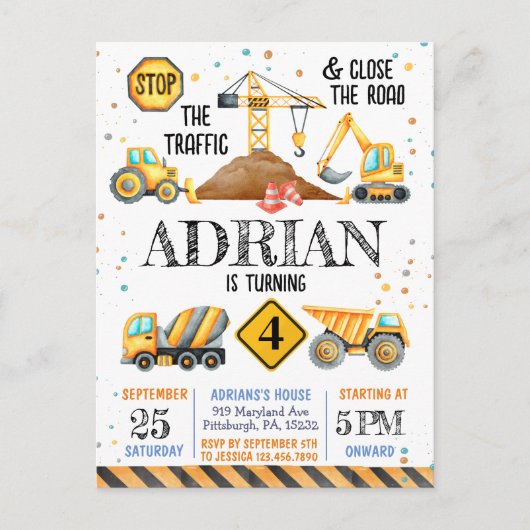 かわいい水彩の誕生日建築車 ポストカード (正面)