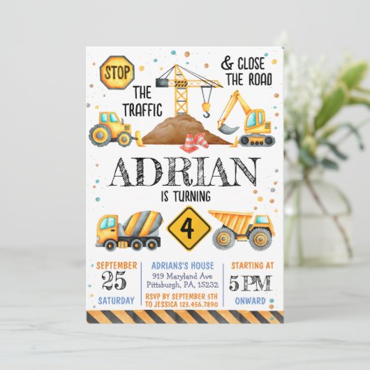 かわいい水彩の誕生日建築車 招待状 (スタンド正面)