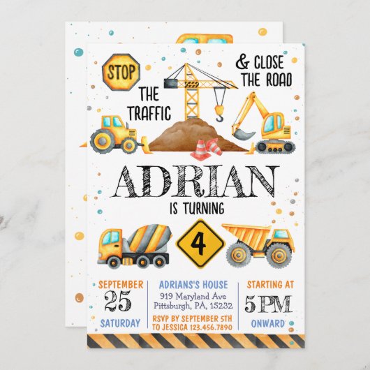 かわいい水彩の誕生日建築車 招待状 (正面/裏面)