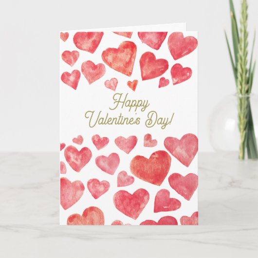 かわいい水彩の赤いハートでHappy Valentine's Day シーズンカード (正面)