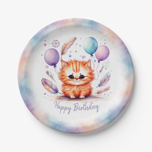 かわいい水彩の赤い子猫風船 誕生日 ペーパープレート (正面)