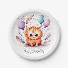 かわいい水彩の赤い子猫風船 誕生日 ペーパープレート