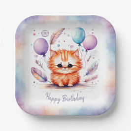 かわいい水彩の赤い子猫風船 誕生日  ペーパープレート