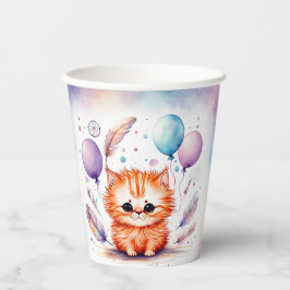 かわいい水彩の赤い子猫風船 誕生日 紙コップ