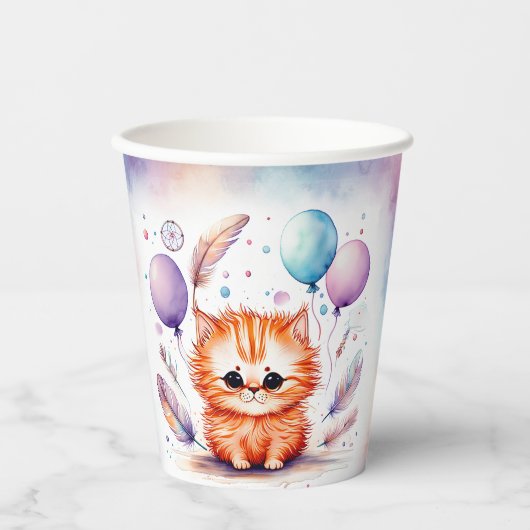 かわいい水彩の赤い子猫風船 誕生日 紙コップ (正面)