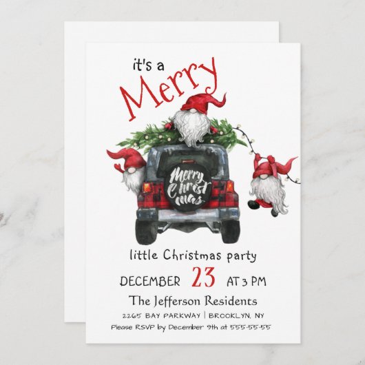 かわいい水彩の赤い格言リトルクリスマスパーティー 招待状 (正面/裏面)