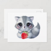 かわいい水彩の赤ちゃんアライグマとイチゴの実 ポストカード (正面/裏面)