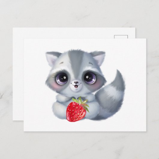 かわいい水彩の赤ちゃんアライグマとイチゴの実 ポストカード (正面/裏面)