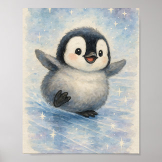 かわいい水彩の赤ちゃんペンギンといくつもの輝く星 ポスター