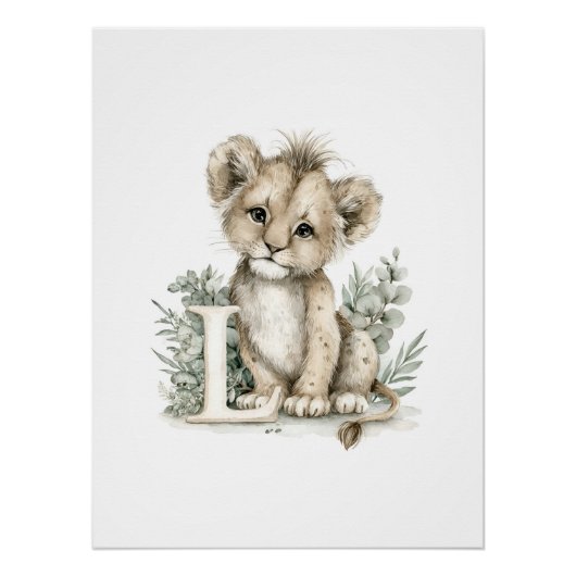 かわいい水彩の赤ちゃん動物とアルファベットの文字 ポスター (正面)