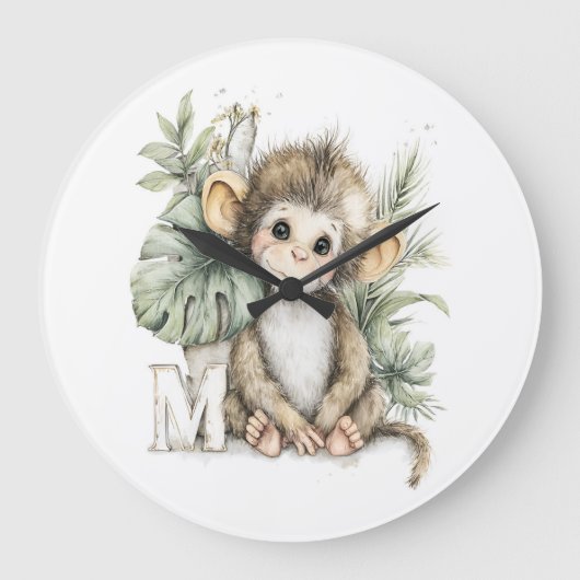 かわいい水彩の赤ちゃん動物アルファベットの猿 ラージ壁時計 (正面)