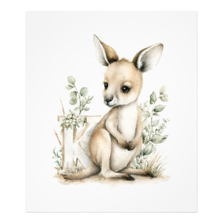 かわいい水彩の赤ちゃん動物アルファベット カンガルー フォトプリント           