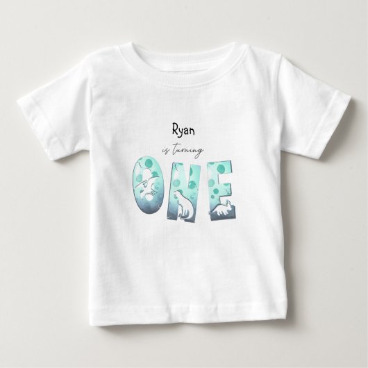 かわいい水彩の赤ちゃん恐竜1歳の誕生日 ベビーTシャツ (正面)