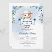 かわいい水彩の赤ちゃん羊とWelcome babyサイン 招待状 (正面/裏面)