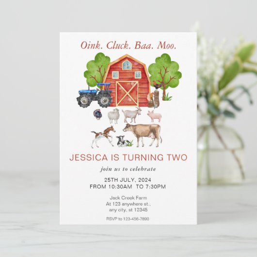 かわいい水彩の農場の動物たち 子供の誕生日 招待状 (スタンド正面)