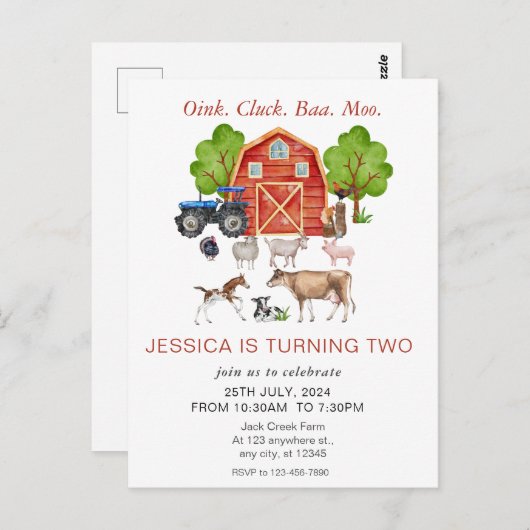 かわいい水彩の農場の動物の子供の誕生日 ポストカード (正面/裏面)