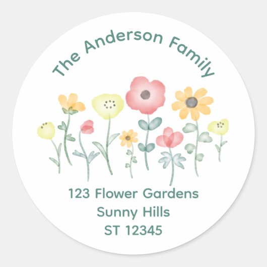 かわいい水彩の野生の花の差出人住所ラベル ラウンドシール (正面)