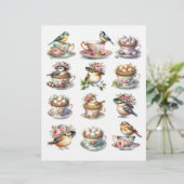 かわいい水彩の鳥たちが帽子をかぶってティーカップに腰かけたイラスト (スタンド正面)