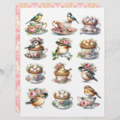 かわいい水彩の鳥たちが帽子をかぶってティーカップに腰かけたイラスト (正面/裏面)