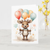 かわいい水彩の鹿 イエロー グリーン 風船 白地 カード (黄色い花)