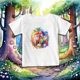 かわいい水彩アニメの少女と狐 ベビーTシャツ