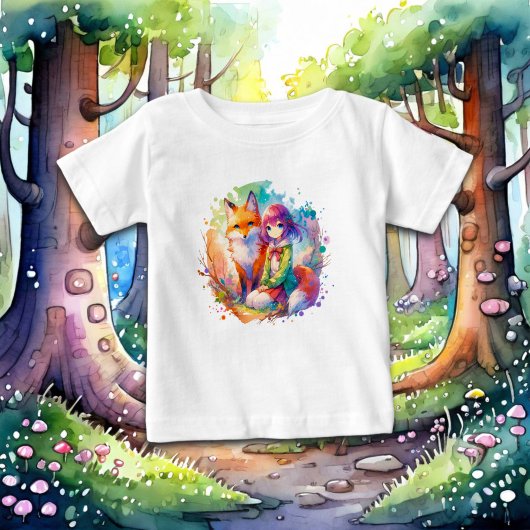 かわいい水彩アニメの少女と狐 ベビーTシャツ