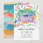 かわいい水彩アートペイントパーティーバースデー 招待状 (正面/裏面)