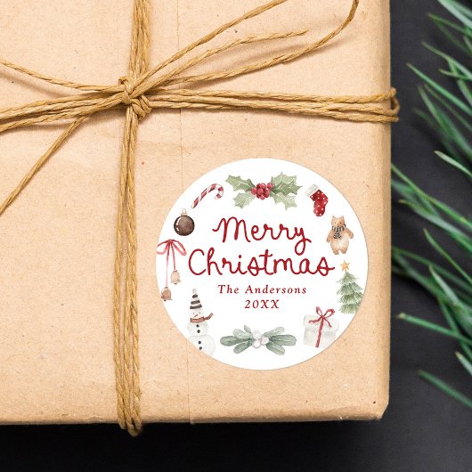 かわいい水彩イラストのクリスマスカード「メリークリスマス」 ラウンドシール