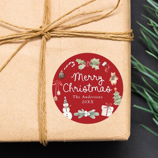 かわいい水彩イラストの赤いクリスマスカード「メリークリスマス」 ラウンドシール