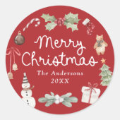 かわいい水彩イラストの赤いクリスマスカード「メリークリスマス」 ラウンドシール (正面)