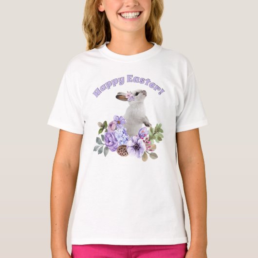 かわいい水彩イースターのウサギと花 Tシャツ (正面)