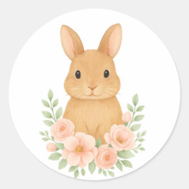 かわいい水彩ウサギとピンクの花 イースター ラウンドシール