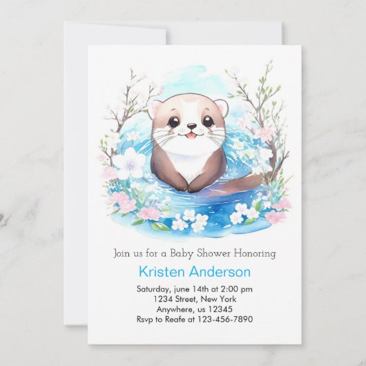 かわいい水彩オッターのベビーシャワー 招待状 (正面)