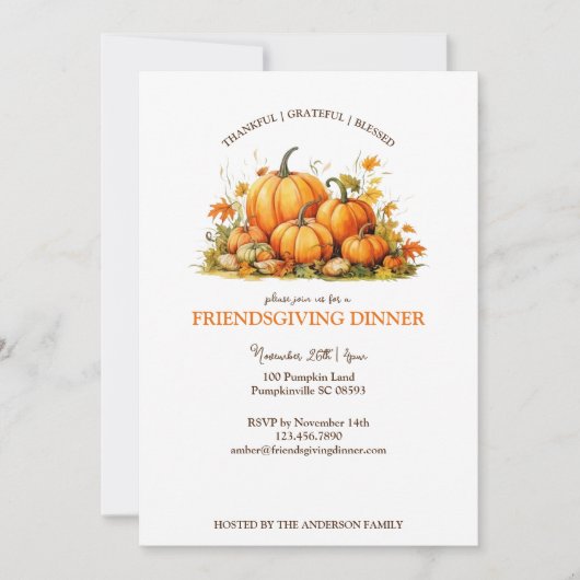 かわいい水彩オレンジの友人の感謝祭 招待状 (正面)
