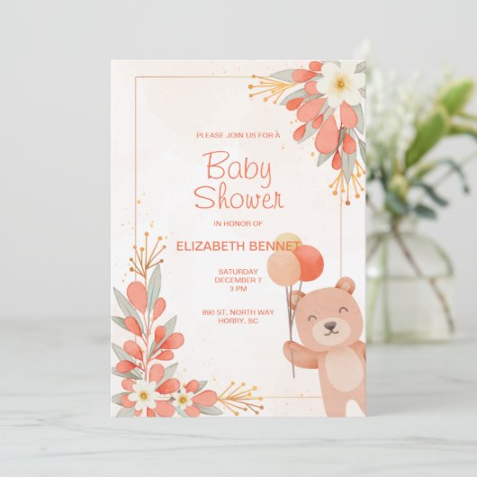 かわいい水彩オレンジ花ベア 招待状 (スタンド正面)