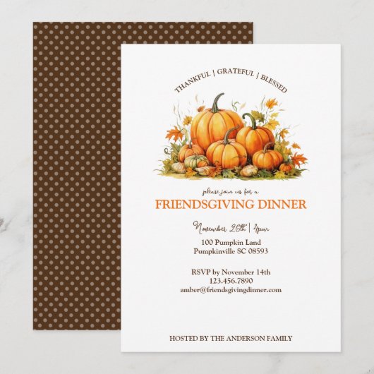 かわいい水彩オレンジ Friendsgiving Thanksgivin 招待状 (正面/裏面)