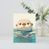 かわいい水彩カワウソの水面覗き ポストカード (スタンド正面)