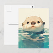 かわいい水彩カワウソの水面覗き ポストカード (正面/裏面)