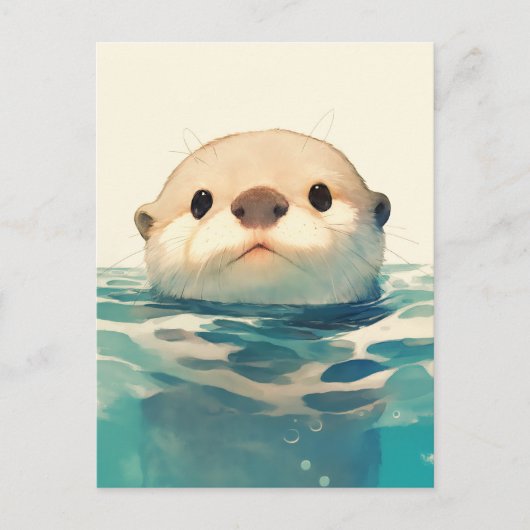 かわいい水彩カワウソの水面覗き ポストカード (正面)