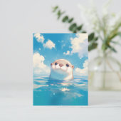 かわいい水彩カワウソ 日の当たる青空 ポストカード (スタンド正面)