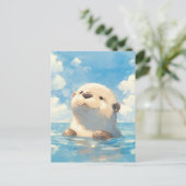 かわいい水彩カワウソ 日の当たる青空 ポストカード (スタンド正面)