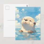 かわいい水彩カワウソ 日の当たる青空 ポストカード (正面/裏面)