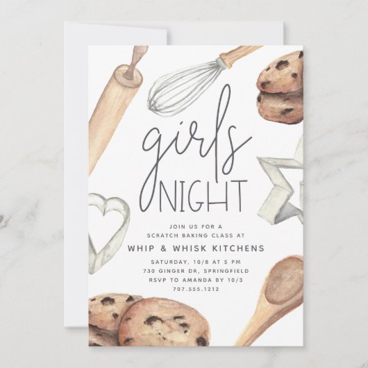 かわいい水彩ガールズナイトアウトお菓子作り教室 招待状 (正面)